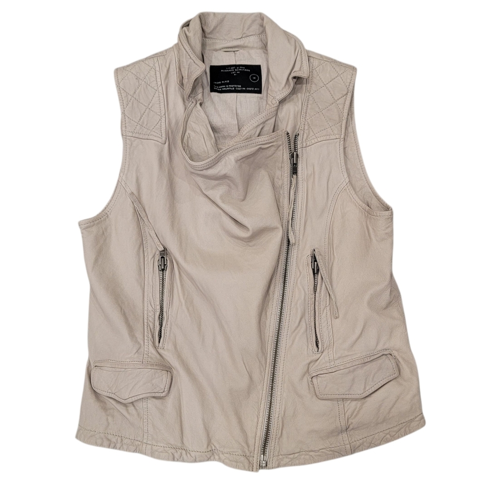 AllSaints Spitalfields Stanton Leather Vest Taupe Moto Gilet Women’s Size 8/10